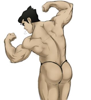 1boy aizenhower ass avatar_legends back bara black_hair black_male_underwear bolin closed_eyes closed_mouth double_biceps_pose flexing highres male_focus male_underwear muscular muscular_male short_hair simple_background solo the_legend_of_korra thick_eyebrows thick_thighs thighs thong underwear white_background