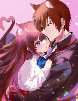 Rule 34 | 1boy, 1girl, a-chan (little busters!), absurdres, animal ear fluff, animal ears, black jacket, blue bow, blue eyes, blue necktie, blurry, blush, bow, brown eyes, brown hair, cat boy, cat ears, cat girl, cat tail, collared shirt, commentary request, couple, depth of field, hair between eyes, hands on another's chest, heart, heart tail, hetero, highres, hug, jacket, kemonomimi mode, light particles, little busters!, little busters! school uniform, long hair, long sleeves, looking at another, miiizuno lbs, natsume kyousuke, necktie, parted lips, pink background, school uniform, shirt, short hair, simple background, tail, tareme, tsurime, upper body, white shirt