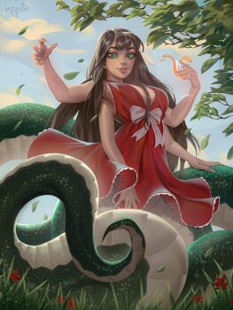 1girl artist_name breasts brown_hair cup dress extra_arms food fruit glass grass green_eyes groping_motion highres holding holding_cup lamia large_breasts lazy_ollie leaf lips long_hair monster_girl orange_(fruit) orange_slice smile tail tree