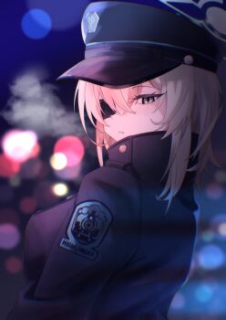1girl blonde_hair blue_archive blue_coat breasts coat eyepatch grey_eyes hat highres large_breasts looking_at_viewer looking_back medium_hair military_hat one_eye_covered solo suou_(blue_archive) takamalu08_12