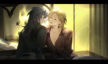 Rule 34 | 2girls, belt, blonde hair, chief (path to nowhere), closed eyes, collared shirt, commentary request, earrings, female chief (path to nowhere), highres, imminent kiss, jewelry, langley (path to nowhere), llmia4, long sleeves, multiple girls, partially unbuttoned, path to nowhere, shirt, sitting, upper body, yuri