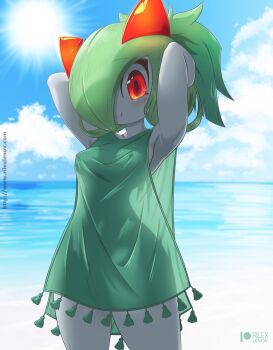 1girl artist_name blue_sky blush clothed_pokemon cloud dress gen_3_pokemon green_dress green_hair hair_over_one_eye highres kirlia light_smile looking_at_viewer medium_hair nintendo outdoors patreon_logo patreon_username pokemon pokemon_(creature) rilex_lenov sky solo water watermark web_address yui_(rilex_lenov)