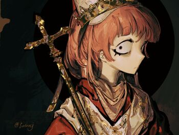 1girl bags_under_eyes cross crown gem gold highres juerucj looking_at_viewer original pale_skin pink_hair sanpaku scepter sideways_glance solo twitter_username upper_body wide-eyed