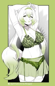 1girl absurdres ahoge animal_ears armpits arms_up bra breasts cleavage commentary english_commentary ferret_ears ferret_girl ferret_tail food fruit garter_belt garter_straps gradient_hair green_bra green_eyes green_hair green_hairband green_panties hair_between_eyes hairband highres indie_virtual_youtuber jewelry large_breasts lime_(fruit) lime_slice limealicious lingerie looking_at_viewer multicolored_hair necklace nicoguer panties partially_colored see-through_clothes see-through_skirt skirt standing thick_thighs thighhighs thighs twintails underwear vinesauce virtual_youtuber white_hair white_thighhighs