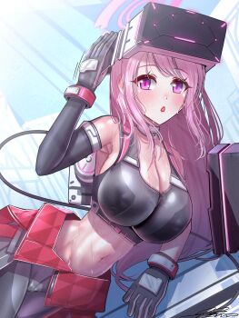 Rule 34 | 1girl, absurdres, armpits, bare shoulders, black coat, black gloves, black pants, black sports bra, blue archive, blush, breasts, cleavage, coat, coat around waist, collarbone, commentary request, cowboy shot, eimi (armed) (blue archive), eimi (blue archive), elbow gloves, gloves, hair between eyes, hair down, halo, head-mounted display, highres, korean commentary, large breasts, long hair, looking at viewer, lying, midriff, navel, official alternate costume, official alternate hairstyle, on side, open mouth, pants, pink hair, pink halo, purple eyes, shadow, sidelocks, signature, single elbow glove, solharuu, solo, sports bra, sweat, triangle mouth, very long hair, very sweaty