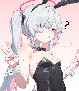 1girl ? animal_ears bare_shoulders black_bow black_leotard blue_archive blush bow bowtie detached_collar double_v fake_animal_ears gradient_background grey_hair hair_over_one_eye halo heoningu highres leotard loli long_hair multicolored_hair pink_hair pink_halo plana_(blue_archive) playboy_bunny rabbit_ears solo two-tone_hair v wrist_cuffs