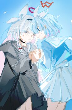 Rule 34 | 2girls, absurdres, arona (blue archive), black choker, black coat, black hairband, black sailor collar, black serafuku, black skirt, blue archive, blue background, blue hair, blue shirt, choker, closed mouth, coat, cowboy shot, dantyou2525, face-to-face, hairband, halo, hands up, highres, holding hands, long hair, looking at another, looking down, multiple girls, orange halo, plana (blue archive), pleated skirt, profile, purple halo, sailor collar, sailor shirt, school uniform, serafuku, shirt, short hair, sketch, skirt, sweatdrop, white hair, white sailor collar, white skirt