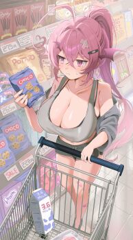 1girl absurdres ahoge bag bandaid bare_shoulders black_bra bra breasts cleavage commentary_request cookie food grey_jacket grey_shirt grey_shorts head_wings high_ponytail highres holding holding_bag jacket large_breasts light_blush long_hair looking_to_the_side milk nemu_milk nemuririsu_(vtuber) off_shoulder oreo original pink_hair pocky ponytail purple_eyes shirt shopping_cart shorts sidelocks sleeveless sleeveless_shirt solo sweatdrop underwear virtual_youtuber wings