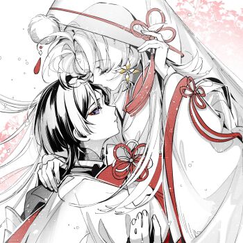 1boy 1girl artist_request blunt_ends bodysuit carrying chinese_knot closed_eyes closed_mouth commission commissioner_insert couple curtained_hair eyelashes eyeliner facial_mark facing_another falling_leaves fingernails floral_background flower forehead_mark genshin_impact hand_on_another's_shoulder hand_on_another's_thigh hand_up hayami_momo_(hayamimomo) hetero highres japanese_clothes jewelry kimono leaf long_sleeves looking_at_viewer makeup mandarin_collar mole mole_under_eye monochrome neck_ring oc_x_canon original pom_pom_(clothes) princess_carry purple_eyes red_eyeliner red_trim scaramouche_(genshin_impact) second-party_source sideways_mouth single_sode spider_lily tassel uchikake veil wataboushi wide_sleeves