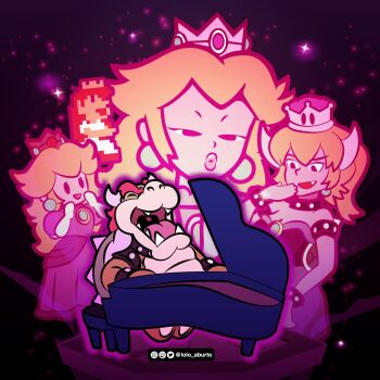 8-bit :d black_dress blonde_hair bowser bowsette chair closed_eyes crown dress earrings gloves highres horns instrument jewelry lips lolo_aburto long_hair mario_(series) music new_super_mario_bros._u_deluxe nintendo open_mouth orange_hair paper_mario peaches_(song) piano pink_dress playing_instrument princess_peach singing sky smile star_(sky) starry_sky super_crown super_mario_bros._1 the_super_mario_bros._movie white_gloves