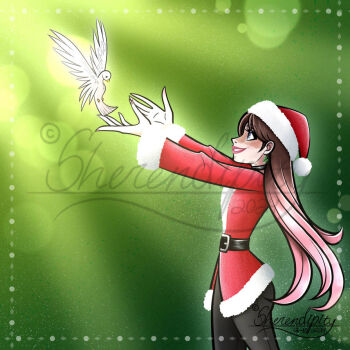 1girl animal brown_hair gavrielle_sheridan_lewis_(sherendipity) gloves hat original red_lips santa_costume santa_hat sherendipity skinny smile solo solo_focus standing