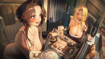 2girls alcohol beer beer_mug blonde_hair blush breasts brown_dust_(series) brown_dust_2 brown_eyes brown_hair cleavage commentary_request cup curtained_hair diana_(magical_innovator)_(brown_dust) dongtan_dress dress drinking_glass foam food grey_dress hair_bun highres holding holding_cup huge_breasts jewelry long_hair medium_hair mole mole_under_mouth mug multiple_girls necklace official_art olivier_(brown_dust) olivier_(retired_legend)_(brown_dust) red_eyes single_hair_bun sino42 smile taut_clothes taut_dress very_long_hair