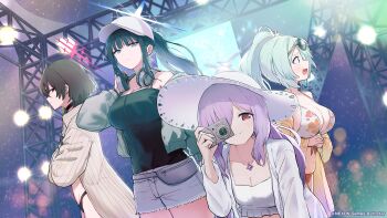 4girls aqua_hair arius_squad_(blue_archive) atsuko_(blue_archive) atsuko_(swimsuit)_(blue_archive) baseball_cap bikini black_hair blue_archive breasts camera cowboy_shot english_text halo hat highres hiyori_(blue_archive) hiyori_(swimsuit)_(blue_archive) large_breasts long_hair looking_at_viewer misaki_(blue_archive) misaki_(swimsuit)_(blue_archive) multiple_girls night night_sky official_alternate_costume official_art purple_hair saori_(blue_archive) saori_(swimsuit)_(blue_archive) sergei_(pattundo) shirt short_hair shorts sky sunglasses swimsuit thigh_gap