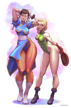 Rule 34 | 2girls, ahoge, arms up, artist name, bare shoulders, beret, blonde hair, blue eyes, boots, bracelet, breasts, bun cover, cammy white, capcom, china dress, chinese clothes, chun-li, commentary request, covered collarbone, covered navel, double bun, dress, earrings, facial scar, fingerless gloves, full body, gloves, gold trim, green leotard, hair bun, hat, highleg, highleg leotard, highres, holding, holding unworn clothes, holding unworn hat, jewelry, jiggeh, knee boots, lace-up boots, leotard, leotard under clothes, light smile, lips, looking at viewer, medium breasts, multiple girls, pantyhose, pelvic curtain, puffy short sleeves, puffy sleeves, scar, scar on cheek, scar on face, shiny clothes, short sleeves, signature, simple background, sleeveless, spiked bracelet, spikes, street fighter, street fighter ii (series), thighs, turtleneck, unworn hat, unworn headwear