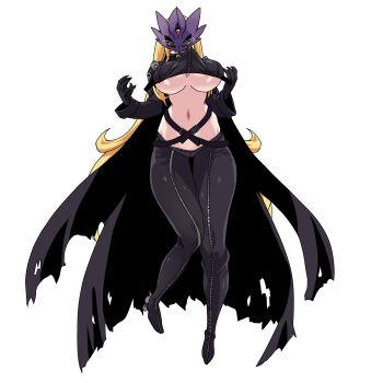 1girl absurdres beelstarmon black_gloves blonde_hair breasts cropped_jacket digimon female_focus full_body gerusyu gloves highres jacket large_breasts leather leather_jacket leather_pants mask pants shiny_skin simple_background stomach third_eye underboob white_background
