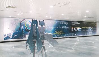 2girls absurdres aqua_hair artist_name back black_footwear black_skirt boots character_name color_wheel commentary_request detached_sleeves dual_persona feet_out_of_frame from_behind glitch hatsune_miku highres indoors little_missing_stars_(vocaloid) long_hair miniskirt multiple_girls musical_note painttool_sai photo_background pleated_skirt promotional_art qr_code rella shirt skirt sleeveless sleeveless_shirt sparkle musical_staff subway thigh_boots thighhighs twintails very_long_hair vocaloid white_shirt zettai_ryouiki