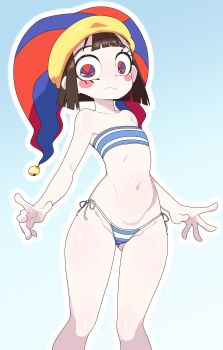 1girl absurdres alternate_costume arms_at_sides bare_shoulders bikini blue_background blue_bikini blue_eyes blunt_bangs blush_stickers brown_hair closed_mouth collarbone female_focus flat_chest gluteal_fold gradient_background groin hat highres jester_cap looking_at_viewer multicolored_eyes navel neamosub outline pale_skin pomni_(the_amazing_digital_circus) red_eyes short_hair side-tie_bikini_bottom sidelocks simple_background solo standing stomach strapless strapless_bikini string_bikini striped_bikini striped_clothes swimsuit the_amazing_digital_circus thighs two-tone_hat white_outline