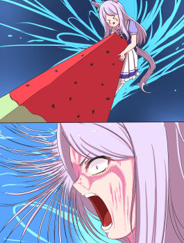 1girl anikinoihai893 animal_ears bow commentary_request crushed ear_bow food fruit gundam highres holding holding_food holding_fruit holding_watermelon horse_ears horse_girl horse_tail long_hair mejiro_mcqueen_(umamusume) open_mouth paptimus_scirocco parody purple_eyes purple_hair scene_reference school_uniform shirt skirt solo tail tracen_school_uniform umamusume watermelon watermelon_slice waverider_crash zeta_gundam