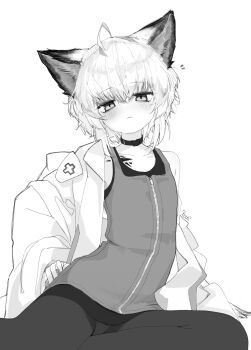 1girl absurdres ahoge animal_ear_fluff animal_ears arknights blush coat coat_partially_removed commentary cross fox_ears fox_girl greek_cross greyscale highres looking_at_viewer material_growth monochrome notice_lines off_shoulder oripathy_lesion_(arknights) pantyhose simple_background sleeveless solo sussurro_(arknights) timitarcat white_background white_coat zipper