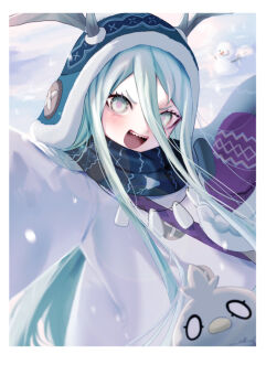 1girl :d blue_hat blue_scarf blush border commentary_request fate/grand_order fate_(series) green_eyes grey_hair hair_between_eyes hat highres horns horns_through_headwear jacket jewelry long_hair long_hair_between_eyes long_sleeves looking_at_viewer louhi_(fate) louhi_(second_ascension)_(fate) mittens necklace open_mouth outdoors purple_mittens scarf selfie sharp_teeth smile snowman solo teeth upper_body v-shaped_eyebrows very_long_hair white_border white_jacket yunu_nuyu