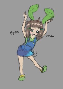 2024 absurdres ahoge blue_overalls blush brown_hair cosplay crocs freckles green_eyes highres indie_virtual_youtuber lily_hopkins linkykos overalls pyonpyon_rabbit_(idolmaster) rabbit_ears sound_effects virtual_youtuber