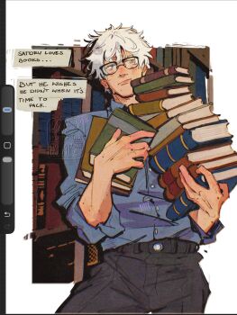 1boy art_program_in_frame blue_eyes book closed_mouth commentary cowboy_shot english_commentary english_text glasses gojou_satoru highres holding holding_book hunnismokah jujutsu_kaisen looking_to_the_side male_focus mole shirt_tucked_in short_hair solo white_hair