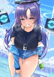Rule 34 | 1girl, absurdres, black shirt, blue archive, blue buruma, blue jacket, blush, bottle, breasts, buruma, cube, grin, halo, highres, id card, jacket, lanyard, large breasts, leaning forward, long hair, long sleeves, looking at viewer, mechanical halo, nuts (hazel-nuts), parted bangs, ponytail, purple eyes, purple hair, shirt, sidelocks, smile, solo, star sticker, sticker on face, sweat, thighs, towel, track jacket, water bottle, yuuka (blue archive), yuuka (track) (blue archive)