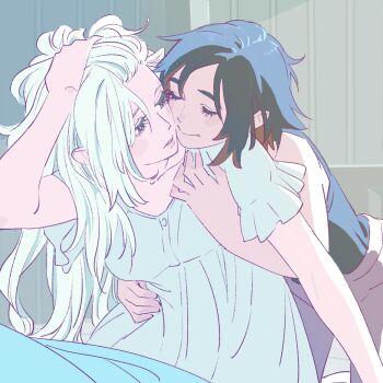 2girls 55bata6rou black_hair black_shirt blanket blue_eyes cheek-to-cheek closed_eyes cuddling dress hair_down hair_lift hand_on_own_head heads_together highres holding holding_own_hair hug hug_from_behind indoors long_hair looking_at_another looking_back multiple_girls red_hair ruby_rose rwby shirt short_hair short_sleeves sleepwear sleepy smile weiss_schnee white_dress white_hair yuri