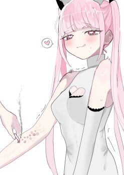 :3 absurdres black_ribbon blush breasts cigarette cigarette_burn cleavage_cutout clothing_cutout cuts elbow_gloves gloves hair_ornament heart heart-shaped_pupils heart_cutout highres holding holding_cigarette injury large_breasts lyrica_(yamikko_troublemaker) nurse oyumeno pink_eyes pink_hair ribbon scar symbol-shaped_pupils tongue tongue_out twintails white_background white_gloves yamikko_troublemaker