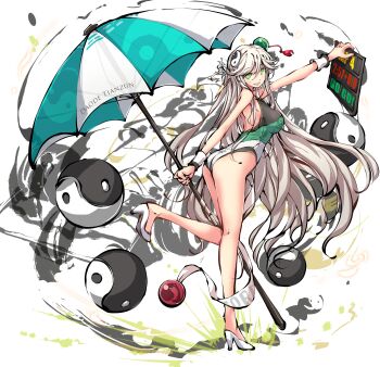 Rule 34 | 1girl, absurdres, arm up, blush, breasts, clipboard, from side, full body, green eyes, hair between eyes, hair ornament, high heels, highres, himegami kagura, holding, holding clipboard, holding umbrella, large breasts, leaning forward, leotard, long hair, looking at viewer, ms06s, multicolored leotard, official art, open mouth, outstretched arms, parasol, race queen, second-party source, shoes, simple background, smile, solo, standing, standing on one leg, tachi-e, taijo roukun (himegami kagura), teeth, thighs, umbrella, upper teeth only, white background, white hair, white shoes