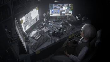 1other absurdres androgynous blender_(medium) bottle cable chair closed_mouth computer computer_keyboard cup desk electrical_outlet grey_hair highres holding long_sleeves m._(emudotto) microscope monitor multiple_monitors original pants sitting solo sticky_note tablet_pc