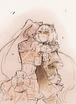 2girls animal_ears assault_lily bare_shoulders blush brown_background brown_theme capelet cat_ears clenched_teeth commentary_request cowboy_shot crying crying_with_eyes_open elbow_gloves facing_away fake_animal_ears fingerless_gloves flower gloves gradient_background hair_flower hair_ornament hairband hand_up hands_up heads_together heterochromia high_ponytail hug kondou_misaka long_hair looking_ahead low_ponytail multiple_girls nose_blush pale_color parted_lips partially_colored pleated_skirt ponytail pouch red_eyes red_shirt sailor_collar santouka shirt skirt sleeveless sleeveless_shirt standing tears teeth three-quarter_sleeves very_long_hair yamaguchi_chihiro_(assault_lily) yellow_eyes yuri