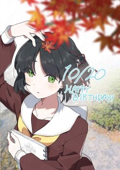 1girl absurdres autumn_leaves black_hair blunt_bangs blunt_ends blurry blurry_foreground brown_dress commentary_request dated dress flower flower_knot green_eyes hair_flower hair_ornament happy_birthday hasu_no_sora_school_uniform highres holding holding_sketchbook leaf leaf_on_head link!_like!_love_live! long_sleeves love_live! maple_leaf momose_ginko neckerchief outdoors sailor_collar school_uniform short_hair sio_pasta sketchbook solo white_sailor_collar winter_uniform yellow_neckerchief