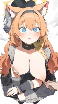 1boy 1girl absurdres animal_ear_fluff animal_ears areola_slip bandaid bandaid_pull bandaids_on_nipples blue_archive blue_eyes blush breasts choker commentary_request dress earrings frilled_choker frilled_dress frills from_above halo hat hat_feather headband highres jewelry large_breasts long_hair mari_(blue_archive) mari_(idol)_(blue_archive) maton_3110 mini_hat nipples open_mouth orange_hair pasties wrist_cuffs yellow_halo