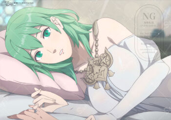 1girl absurdres alternate_costume bed_sheet breasts collarbone commentary_request cosplay dress female_byleth_(awakened)_(fire_emblem) female_byleth_(fire_emblem) fire_emblem fire_emblem:_three_houses green_eyes green_hair head_on_pillow highres large_breasts long_sleeves lying medium_hair nintendo official_alternate_hair_color on_bed on_side pillow pov puffy_long_sleeves puffy_sleeves rhea_(fire_emblem) rhea_(fire_emblem)_(cosplay) solo_focus tak0baka watermark white_dress