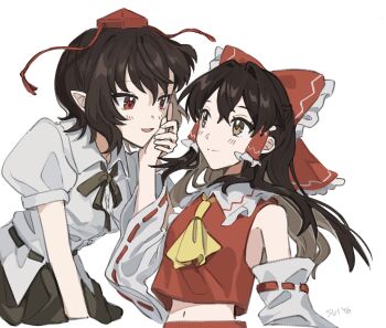Rule 34 | 2girls, artist name, ascot, black bow, black bowtie, black skirt, blush, bow, bowtie, brown eyes, brown hair, closed mouth, collared shirt, commentary, detached sleeves, eye contact, frilled bow, frilled hair tubes, frills, hair bow, hair tubes, hakurei reimu, hand on another's cheek, hand on another's face, hand on another's hand, hat, long hair, looking at another, multiple girls, navel, pointy ears, puffy short sleeves, puffy sleeves, red bow, red eyes, red hat, red skirt, ribbon-trimmed sleeves, ribbon trim, shameimaru aya, shirt, short sleeves, simple background, skirt, skirt set, smile, tokin hat, touhou, uehara suiyo, white background, white shirt, yellow ascot, yuri