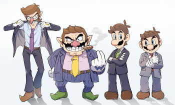 Rule 34 | 4boys, belt, blue eyes, brown hair, crossed arms, dress shirt, dressing, facial hair, formal clothes, full body, gloves, highres, jacket, luigi, male focus, mario, mario (series), multiple boys, mustache, necktie, nintendo, pinstripe pattern, pinstripe suit, red necktie, shirt, shoes, simple background, striped clothes, striped necktie, suit, suit jacket, waluigi, wario, white background, white gloves, yamari (ya mari 6363)
