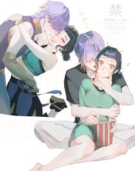 Rule 34 | 1boy, 1girl, aqua shirt, bare shoulders, barefoot, black hair, black shirt, blunt bangs, blush, brown eyes, closed eyes, couple, crop top, detached sleeves, double bun, ear licking, food, green shirt, grey hair, hair bun, hair over eyes, halterneck, hashtag-only commentary, hetero, highres, hug, koto hara, kpop demon hunters, licking, long shirt, medium hair, messy hair, midriff, multiple views, mystery (kpop demon hunters), open mouth, orange sleeves, orange sweater, pants, popcorn, shirt, short bangs, short hair, sleeveless, sleeveless turtleneck, smile, sweater, sweater vest, t-shirt, turtleneck, twitter username, white background, white pants, wide-eyed, zoey (kpop demon hunters)