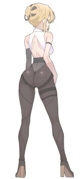 1girl absurdres ass back bare_shoulders black_gloves black_pantyhose blonde_hair braid breasts commentary elbow_gloves english_commentary evelyn_chevalier from_behind full_body gloves hair_bun high_heels highres looking_at_viewer looking_back pantyhose s10021 shirt simple_background single_glove single_hair_bun sleeveless solo standing thigh_strap white_background white_shirt zenless_zone_zero