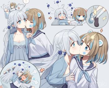 2girls ahoge animal_ears bear_ears black_sailor_collar black_shoes blue_eyes blue_hair blue_jacket blue_neckerchief blue_shoes blush brown_hair commentary_request commission cropped_jacket dress embarrassed grey_dress grey_hair heart heart_ahoge highres indie_virtual_youtuber jacket kiss kuma_(bloodycolor) long_hair long_sleeves multicolored_hair multiple_girls neckerchief open_clothes open_jacket pointy_ears sailor_collar school_uniform second-party_source sequential shirt shoes spaghetti_strap two-tone_hair virtual_youtuber white_shirt yuri yuzuki_rika_(vtuber)