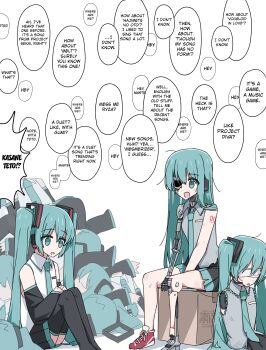 6+girls absurdres android aqua_eyes aqua_hair aqua_necktie bandages bandages_over_eyes black_boots black_skirt black_sleeves boots box broken channel_(caststation) clone collared_shirt detached_sleeves english_text grey_shirt hard-translated hatsune_miku highres long_hair long_sleeves mechabare mechanical_arms mechanical_legs messy_hair missing_eye multiple_girls multiple_persona necktie non-web_source number_tattoo on_box one-eyed open_mouth pile_of_corpses pleated_skirt red_shoes shirt shoes shoulder_tattoo single_mechanical_arm single_mechanical_leg sitting sitting_on_box skirt sleeveless sleeveless_shirt sneakers speech_bubble tattoo thigh_boots third-party_edit twintails very_long_hair vocaloid white_background white_shirt