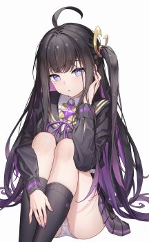 1girl absurdres ahoge black_hair black_jacket black_sailor_collar black_serafuku black_skirt black_socks blush bright_pupils chinese_commentary chitose_(stella_sora) collared_shirt colored_inner_hair commentary feet_out_of_frame fu_shang hair_between_eyes hair_spread_out hand_up highres huge_ahoge hugging_own_legs jacket kneehighs knees_up legs_together long_hair long_sleeves looking_at_viewer miniskirt mole mole_under_eye multicolored_hair nail_polish neck_ribbon one_side_up open_mouth panties pleated_skirt purple_eyes purple_hair purple_nails purple_ribbon ribbon ringed_eyes sailor_collar school_uniform serafuku shirt sidelocks simple_background sitting skirt socks solo stella_sora straight_hair thighs two-tone_hair underwear very_long_hair white_background white_panties white_pupils white_shirt