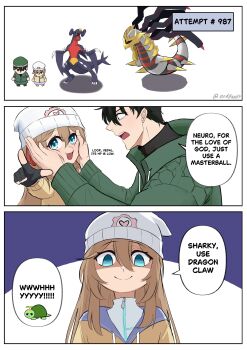 Rule 34 | 1girl, absurdres, and0ando, beanie, black sclera, blue eyes, brown hair, claws, colored sclera, fingerless gloves, garchomp, gen 4 pokemon, giratina, gloves, hair between eyes, hair ribbon, hashtag-only commentary, hat, heart, highres, jacket, legendary pokemon, long hair, long sleeves, neuro-sama, nintendo, pointing, pokemon, pokemon (creature), pokemon dppt, red ribbon, ribbon, skirt, smile, teeth, turtle, turtwig, vedal987, vedal ai, virtual youtuber