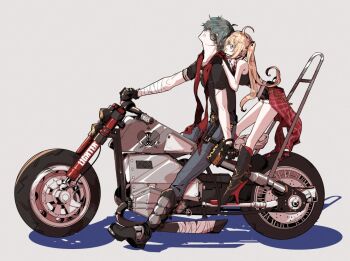 1boy 1girl ahoge arched_back bandaged_arm bandages bare_shoulders behind_another black_boots black_gloves black_shirt black_shorts blonde_hair blue_pants boots commentary_request crop_top from_side full_body gloves green_eyes green_hair grey_background half_gloves hand_on_another&#039;s_shoulder hetero leaning_on_person lighter_(zenless_zone_zero) long_hair looking_at_another looking_back luciana_de_montefio micro_shorts motor_vehicle motorcycle nanawo no_jacket on_motorcycle open_mouth pants red_eyes red_scarf scar scar_on_arm scarf shadow shirt short_hair shorts side_ponytail sunglasses t-shirt zenless_zone_zero