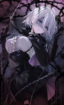 1girl absurdres black_capelet black_gloves black_pantyhose black_skirt blue_eyes breasts capelet center_frills chaos_zero_nightmare chest_harness commentary elbow_gloves english_commentary frills gloves hair_between_eyes harness head_tilt high-waist_skirt highres holding holding_weapon long_hair_between_eyes looking_at_viewer medium_breasts pantyhose parted_lips renoa_(chaos_zero_nightmare) shaded_face shirt short_hair skirt solo standing thighs thorns weapon white_hair white_shirt zakimpo