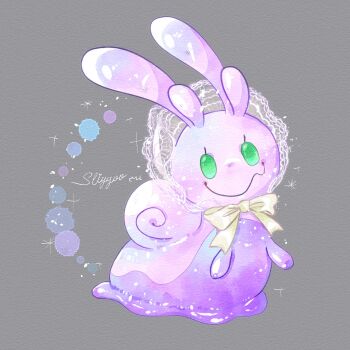 Rule 34 | animal focus, bonnet, bow, character name, closed mouth, full body, gen 6 pokemon, green eyes, grey background, highres, looking at viewer, miketoevecan, nintendo, no humans, pokemon, pokemon (creature), pokemon focus, simple background, sliggoo, slug, solo, standing, white bonnet, white bow