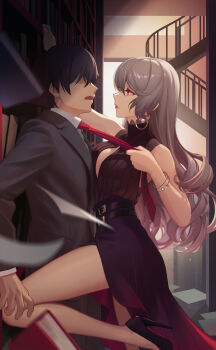 1boy 1girl absurdres against_bookshelf arm_up assertive_female bare_arms bare_legs bare_shoulders belt black_belt black_footwear black_hair black_jacket black_pants black_shirt black_skirt black_suit blurry blurry_foreground book bookshelf bracelet breast_press business_suit cleavage_cutout clothes_grab clothing_cutout collared_shirt cowboy_shot crazy_ones earrings formal_clothes from_side grey_hair hair_over_eyes hands_up high_collar high_heels highres hoop_earrings indoors jacket jewelry kabedon leg_up lipstick long_hair long_skirt looking_at_another louboutins makeup necktie necktie_grab neckwear_grab official_art open_mouth pants patent_heels profile protagonist_(crazy_ones) pumps red_eyes red_lips red_necktie red_soles shirt shoes short_hair side_slit skirt sleeveless sleeveless_shirt spiral_staircase stairs standing standing_on_one_leg stiletto_heels suit white_shirt window xia_bing_(crazy_ones)