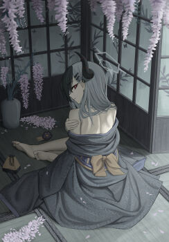 1girl absurdres back bare_shoulders barefoot black_hair black_horns black_kimono blue_archive bright_pupils commentary demon_horns doumu_(31678316) earclip flower from_behind grey_halo hair_ornament hairpin halo highres horns indoors japanese_clothes kayoko_(blue_archive) kayoko_(new_year)_(blue_archive) kimono kimono_partially_removed kinchaku long_hair looking_at_viewer looking_back multicolored_hair obi official_alternate_costume on_floor pouch red_eyes sash sideways_glance sitting solo tatami two-tone_hair wheel_print white_hair white_pupils wisteria yokozuwari