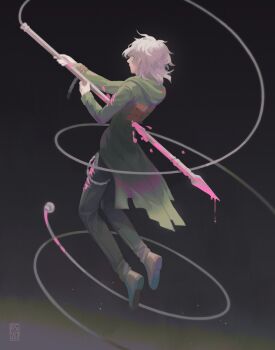 Rule 34 | 1boy, artist name, bilingual commentary, black pants, blood, brown shoes, coat, commentary, danganronpa (series), danganronpa 2: goodbye despair, driftwoodwolf, english commentary, full body, green coat, grey hair, hands up, holding, holding weapon, hood, hood down, hooded coat, injury, komaeda nagito, long sleeves, male focus, medium hair, messy hair, mixed-language commentary, pants, pink blood, polearm, shoes, solo, spear, spoilers, suicide, weapon