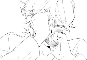 1boy alien_stage beaten bruise bruise_on_face closed_eyes colored_extremities commentary covering_face crying injury lineart lubya luka_(alien_stage) male_focus romaji_commentary short_hair solo tears tears_from_one_eye